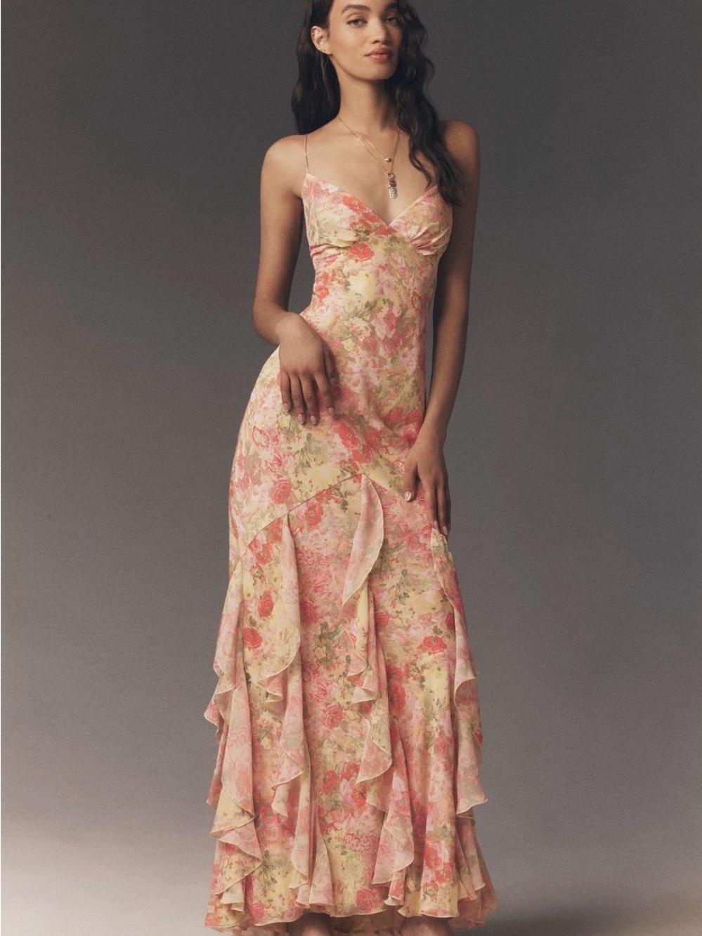 For Love & Lemons Pink Floral Ruffle Maxi Dress